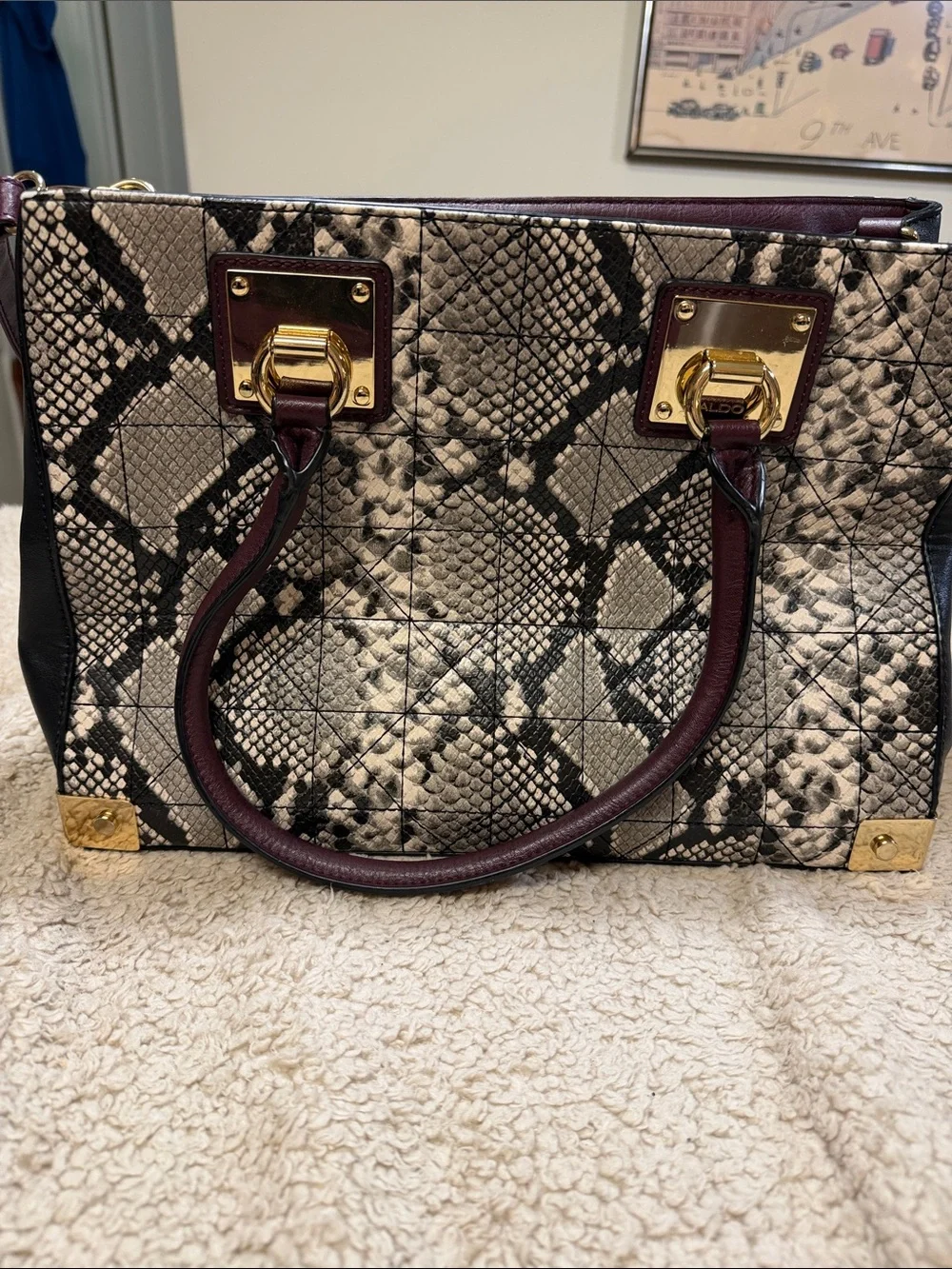 Aldo Burgundy and Beige Python-Pattern Satchel with Gold Accents